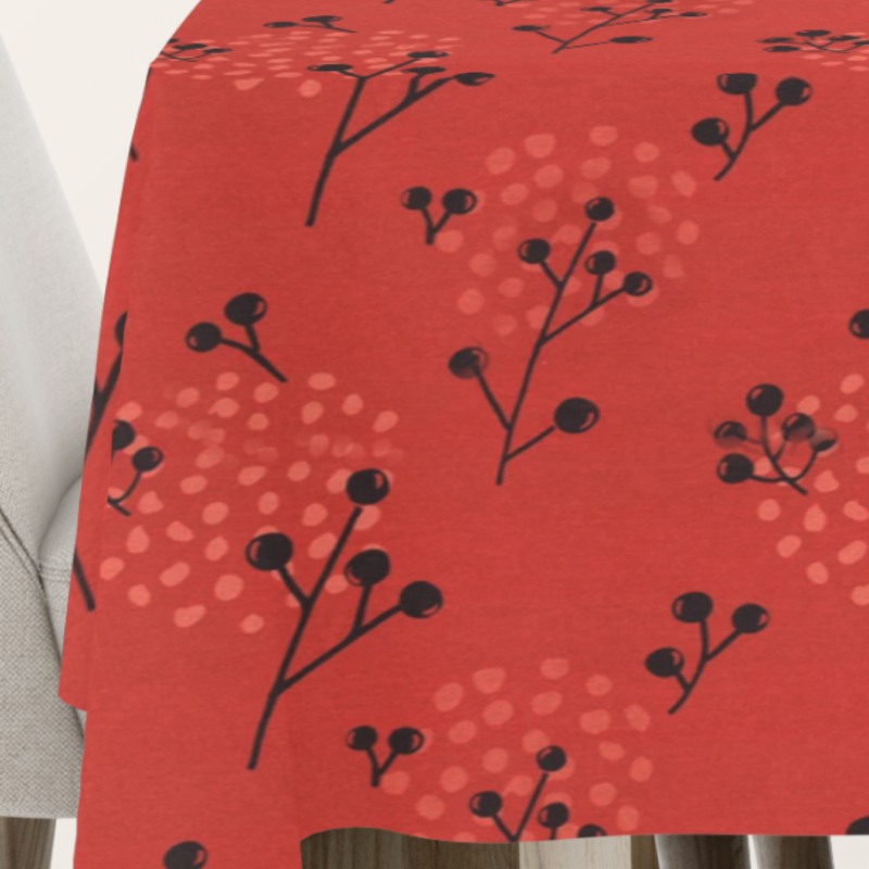 Tischdecke mit abstrakten schwarzen Beerenzweigen und rosa Punkten auf einem kräftigen roten Hintergrund.