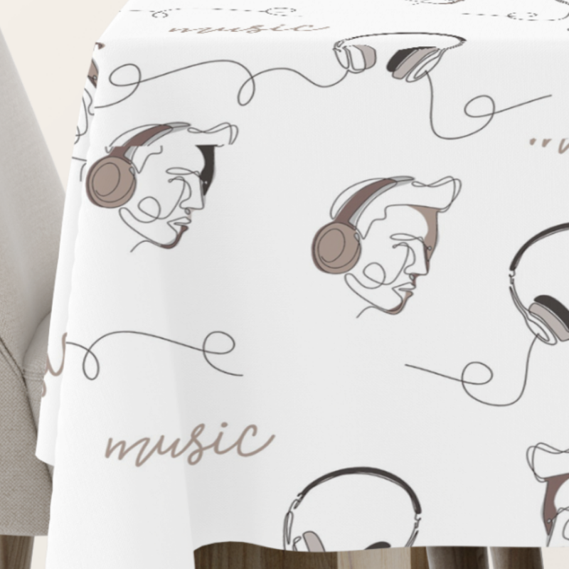 Tischdecke mit minimalistischen Illustrationen von Kopfhörern und geschwungenen Linien, die Musiknoten darstellen, in dezenten Braun- und Schwarztönen auf hellem Hintergrund.